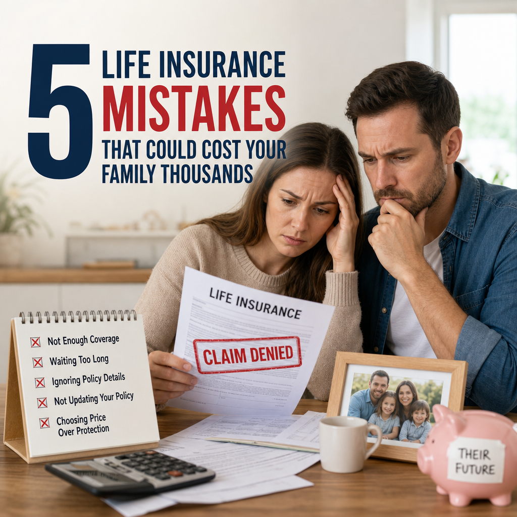 Worried couple reviewing documents about life insurance mistakes that could cost their family thousands.
