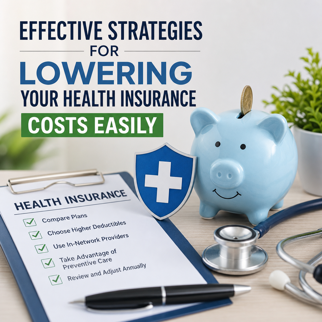 Graphic showing tips and tools for lowering your health insurance costs easily and effectively.