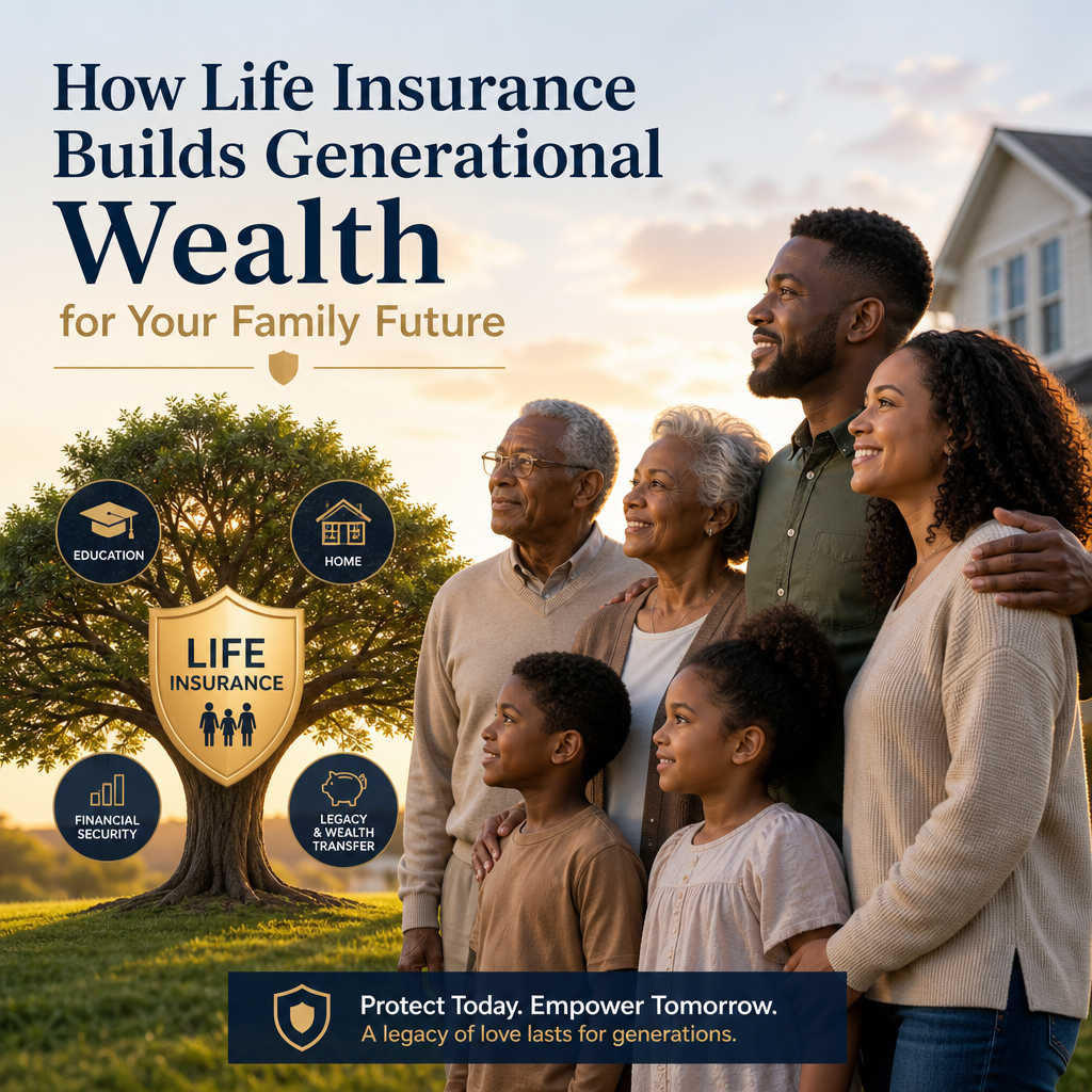 Multigenerational family smiling together with icons showing life insurance benefits building generational wealth.