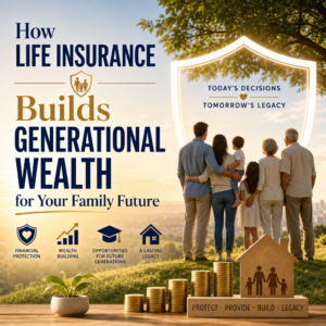 Family standing outdoors with text about life insurance building generational wealth and securing their family's future legac