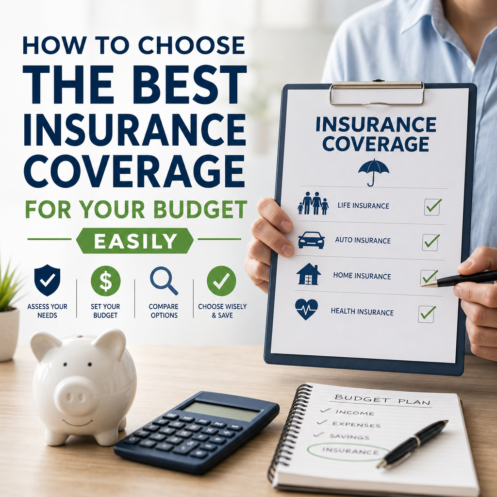 Illustration showing icons of life, auto, home, and health insurance with a budget and checklist for choosing coverage.