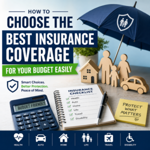 Illustration of a person comparing health, auto, home, life, travel, and disability insurance options to find the best covera