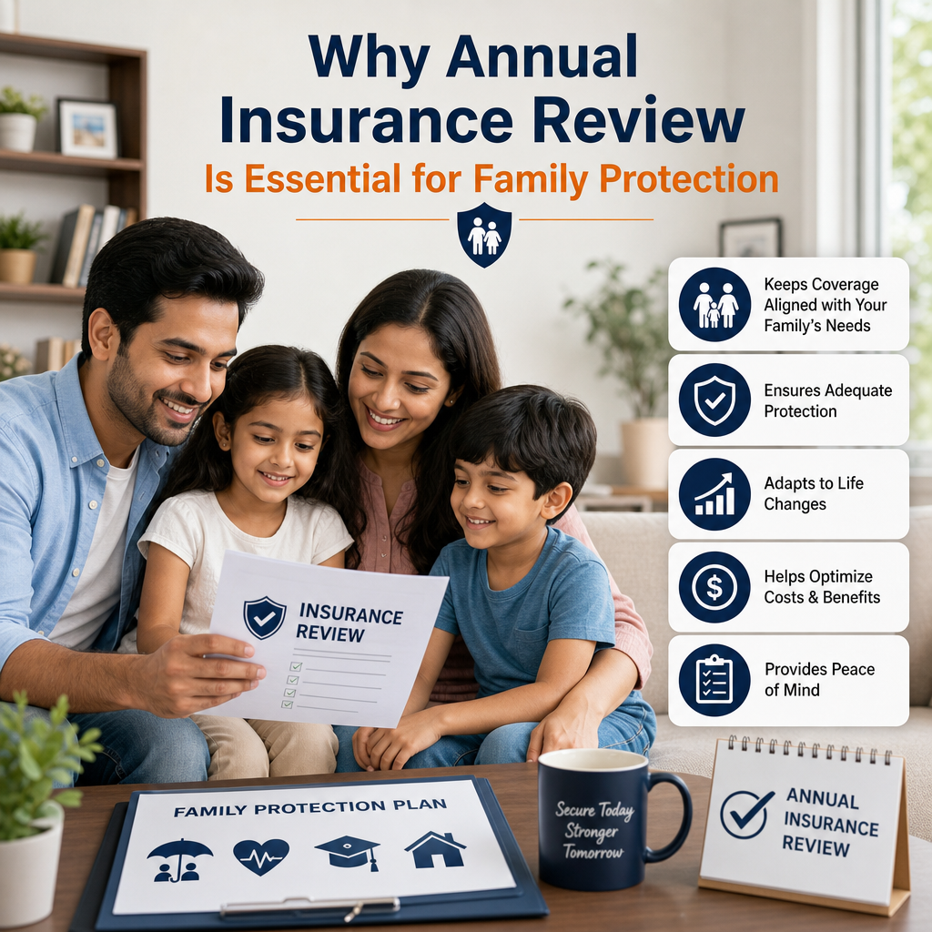 Happy family sitting together reviewing annual insurance plan for family protection and peace of mind.